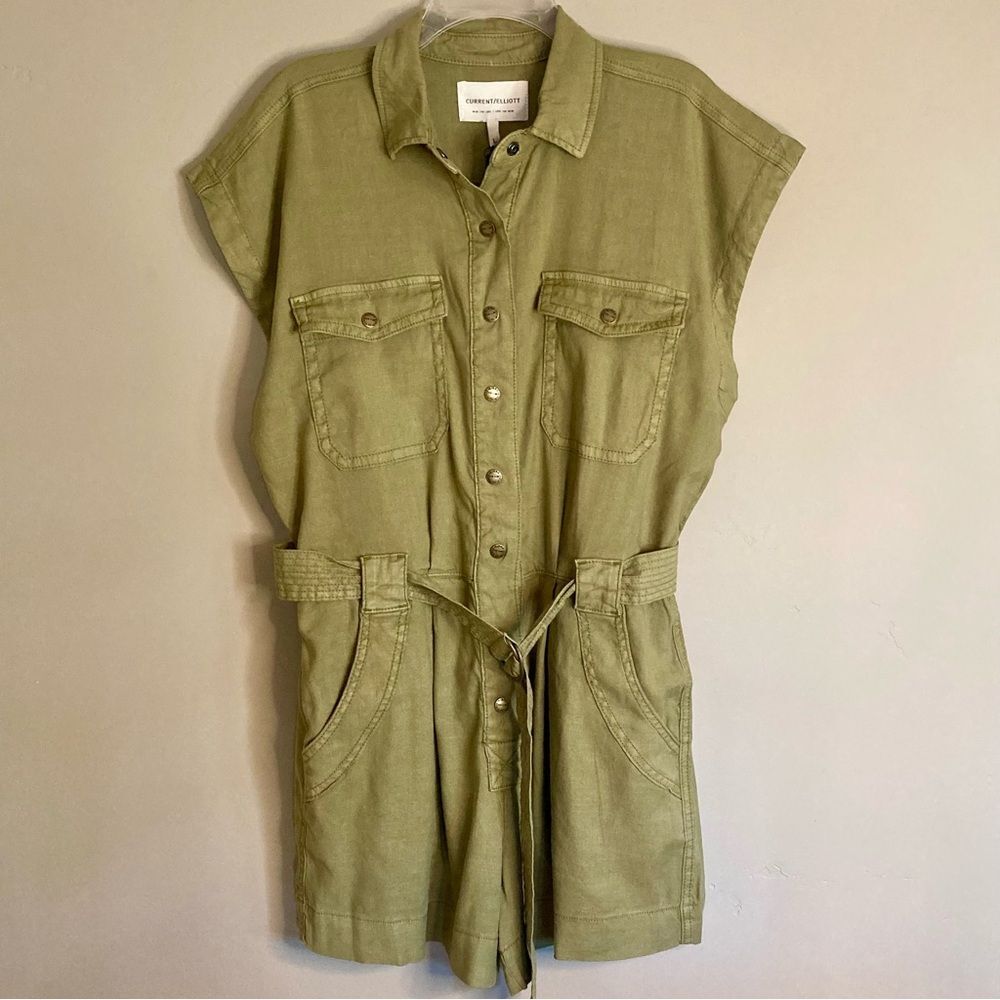NEW Current Elliott The Lynwood Romper Shorts Belted Snap Front Khaki Size XL - Picture 5 of 16